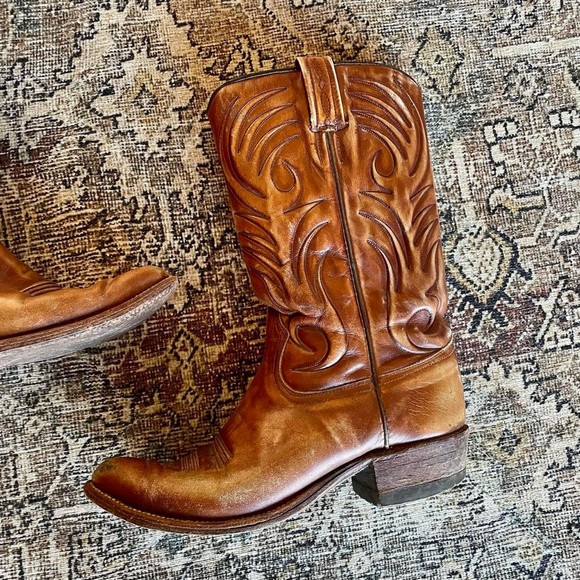 Vintage Leather Embroidered Cowboy Western Boots in Cognac Brown - 6 - Picture 2 of 8